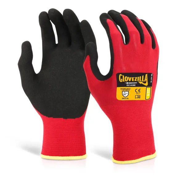 GLOVEZILLA NITRILE NYLON GLOVE RED – Plonos, kvėpuojančios nitrilinės darbo pirštinės (raudonos)